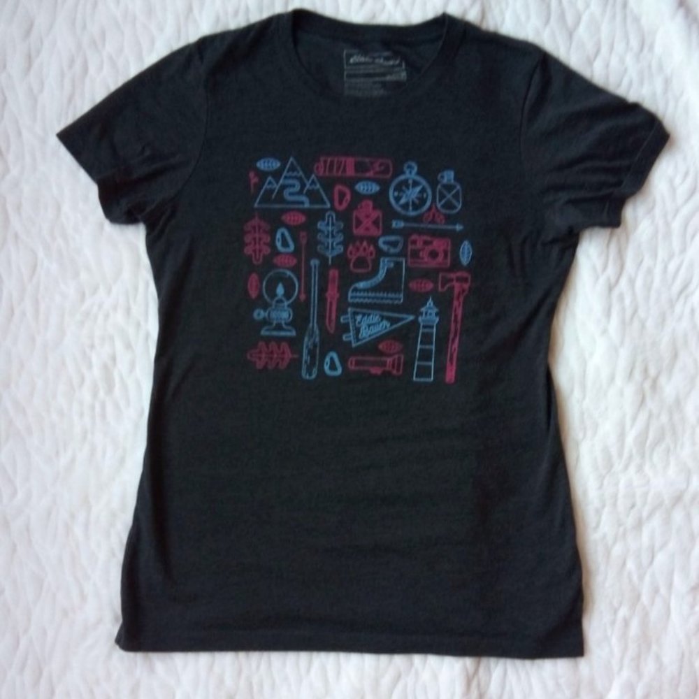 Eddie Bauer Charcoal Outdoor Adventure Print Tee M NWOT
